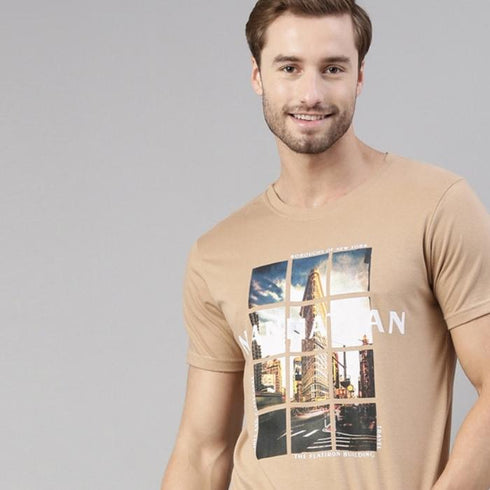 Brown Printed Crew Neck Tshirt